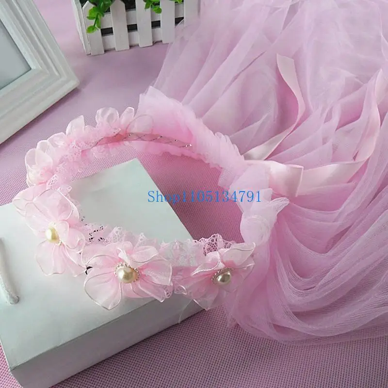 

98km Simple Tulle Wedding Veil Pleated Flower Crown Flower Girls Veil for Marriage