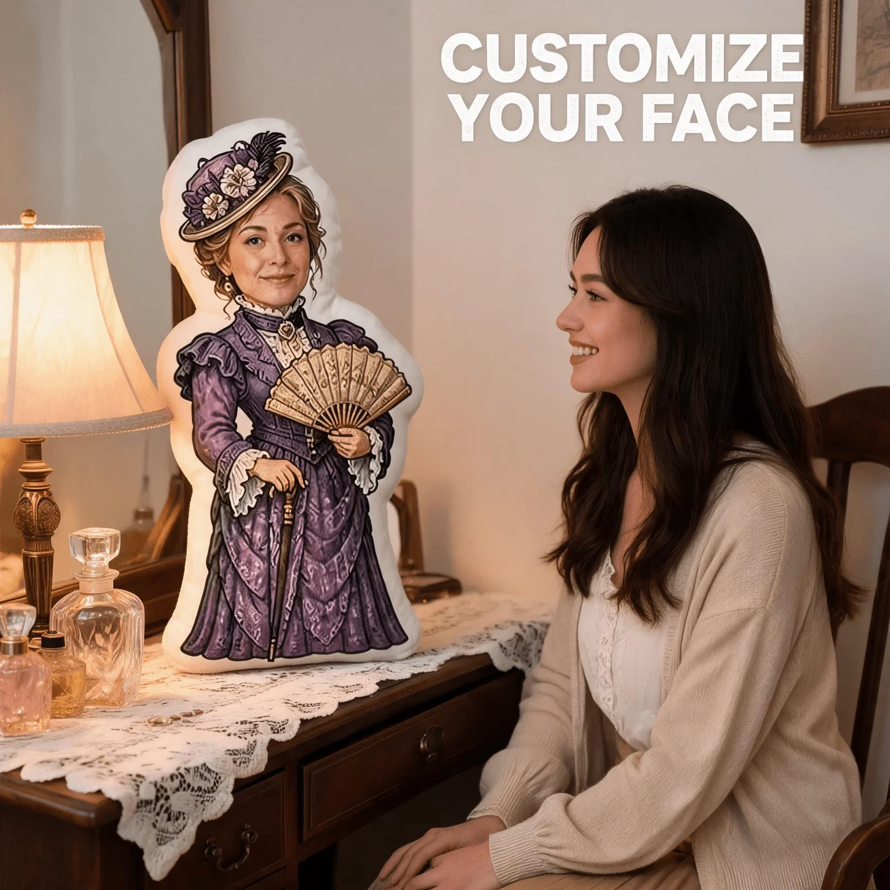 Custom Personalized Photo Face Pillow, Vintage Victorian Lady Style Custom Shaped Decorative Cushion, Unique Home Decor Accent f