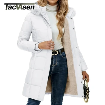 TACVASEN Womens Sherpa Lined Winter Coat Windproof Mid-Length Quilted Puffer Jacket Warm Parka Coat with Detachable Fur Hood