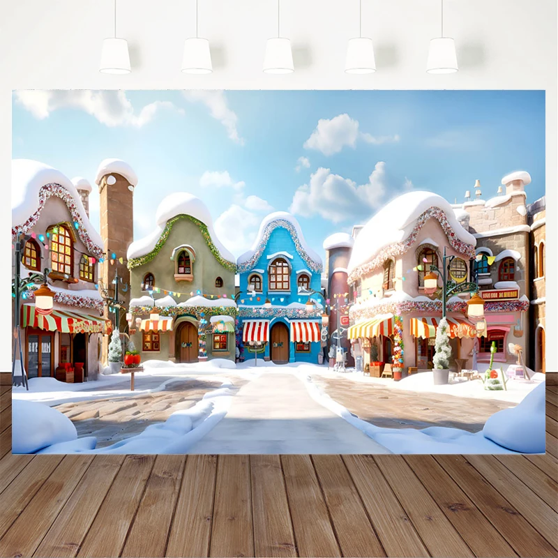 Mocsicka Blue Sky White Clouds Photography Background Christmas Props Snowscape Various Houses Decor Backdrop Studio Photobooth