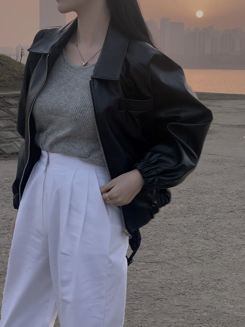 2025 Primavera Faion ort Pelle Jaet Donna Casual Versatile Design con cerniera Colletto Top Coreano Sle Streetwear