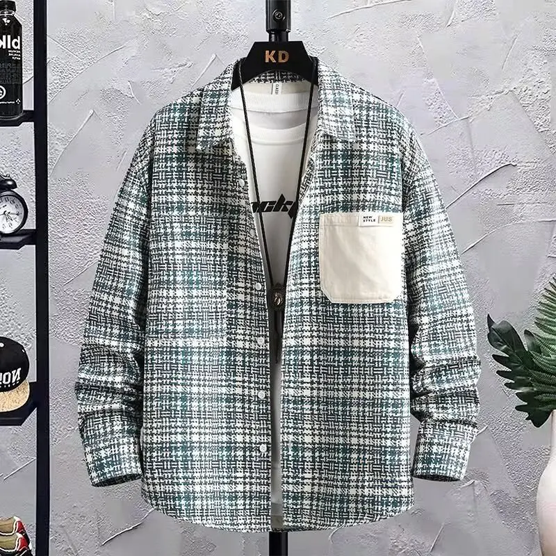 American Retro Design Prince of Wales Check Casual Shirt Men's Autumn Loose Fit Heavyweight Leisure Jacket Coat