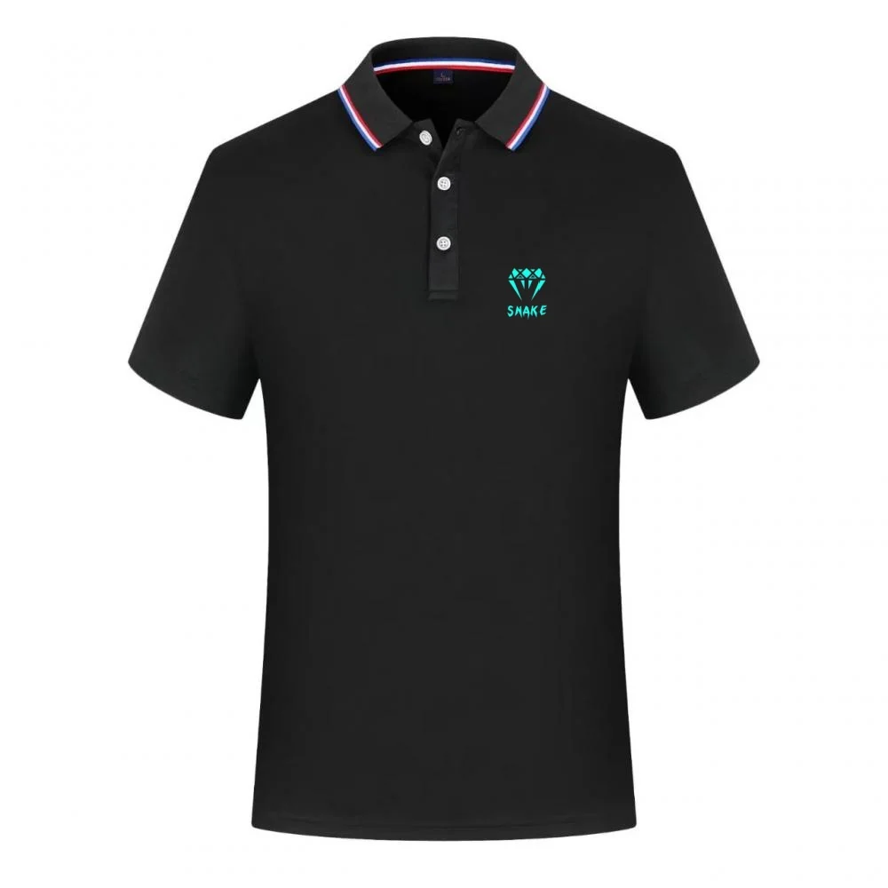 Men's Slim Fit Polo Shirt with Geometric Snake Logo, Ribbed Collar Striped Trim, Casual & Sports T-Shirt