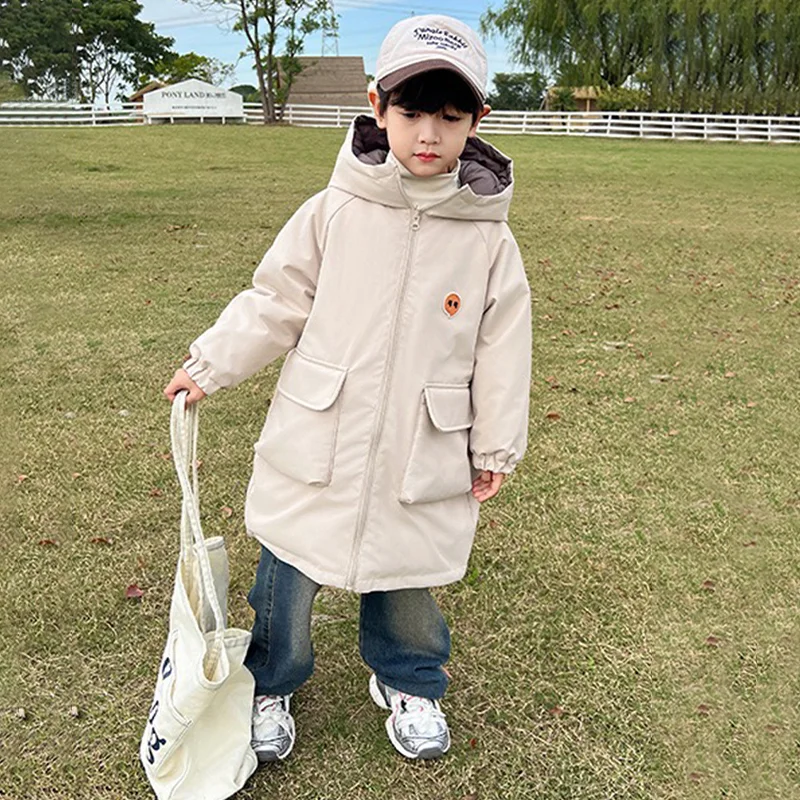 Autumn Winter Boys Reversible Long Hooded Parka Jacket 2-12 Years Kids Windproof Waterproof Thick Warm Down Cotton Coat