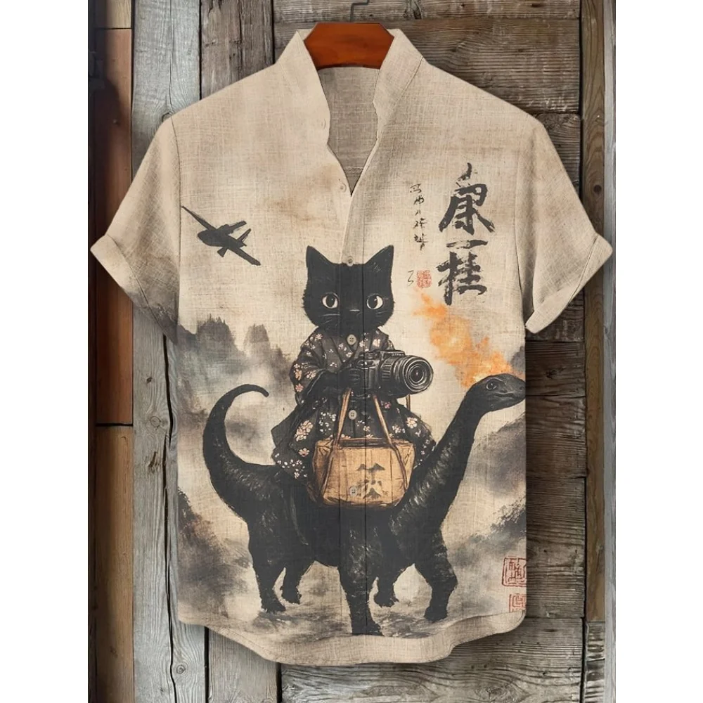 Men's Funny Laser Dinosaur Cat Print Shirts 3D Holiday Hawaiian Shirt Summer Oversized Women Short Sleeve Casual Beach Shirts