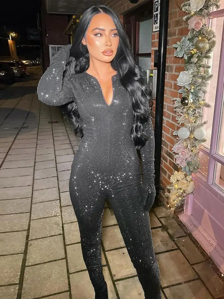 Spring and Autumn Simple Slim Fit Sequin V-Neck Long Sleeved Sparkling Zipper Jumpsuit Pants for Women
