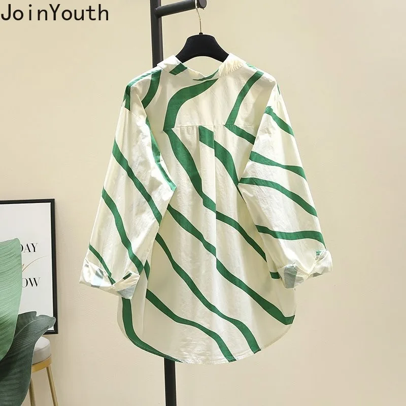 Green Striped Shirts for Women Long Sleeve Casual Summer Blouses 2024 Blusas Mujer De Moda Vintage Fashion Oversized Tops 27y285