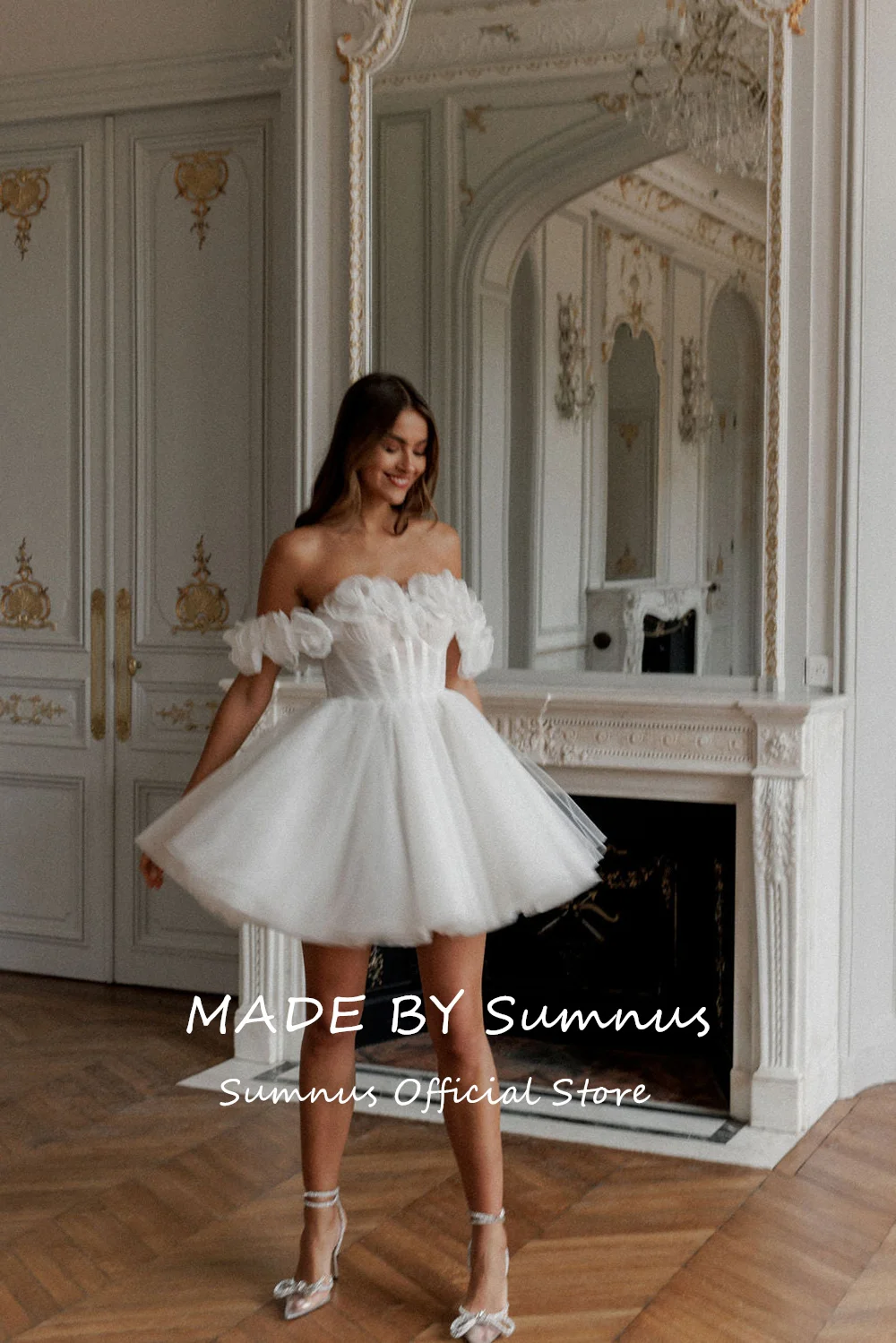 Sumnus White Mini Off the Shoulder Prom Dresses 3D Flowers Tulle A-line Wedding Dress Elegant Lace-up Back Vestidos De Fiesta