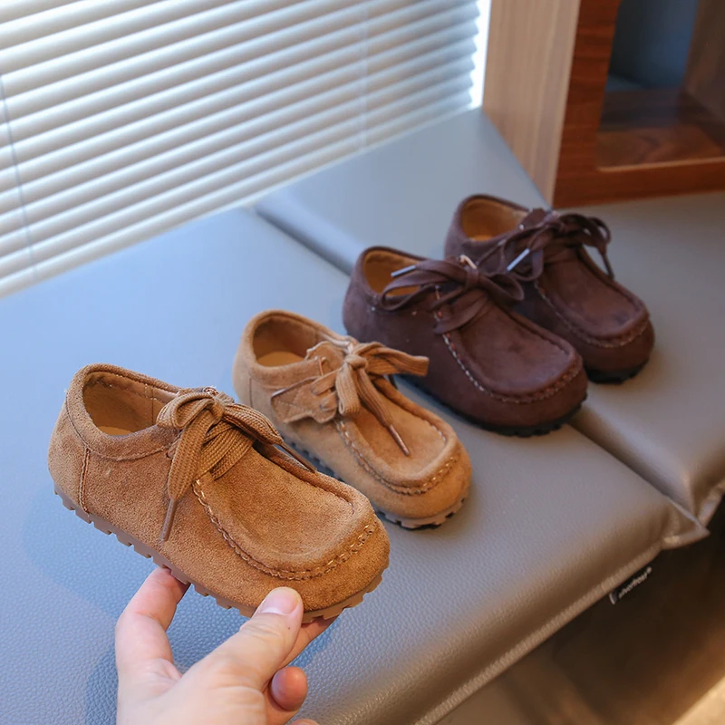2026 Wide Round Toes Children's Shoes Retro Early Autumn Soft Sole Casual Faux Leather Shoes All-match Boys Girls Suede Shoes