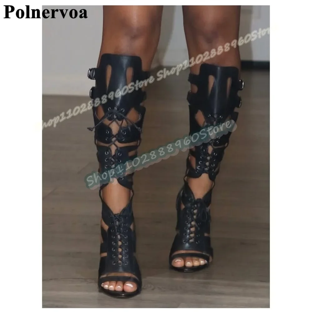

Knee High Black Leather Cross Tied Buckle Strap Sandals Stilettos High Heel Shoes For Women Open Toe Stylish Zapatos Para Mujer