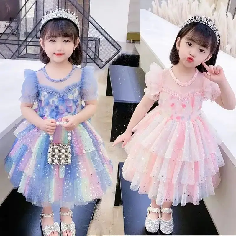 Gaun Putri Elegan Anak-anak Korea Gaun Anak Perempuan untuk Pernikahan Pesta Malam Gaun Anak Perempuan Pakaian Gaun Kasa Berbulu Musim Panas Baru Anak Perempuan