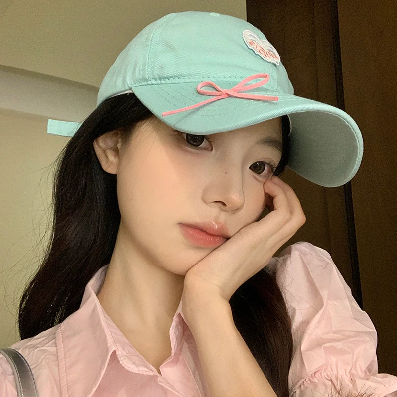 Mint green love bow baseball cap women's wide brim big head circumference showing face small versatile cap