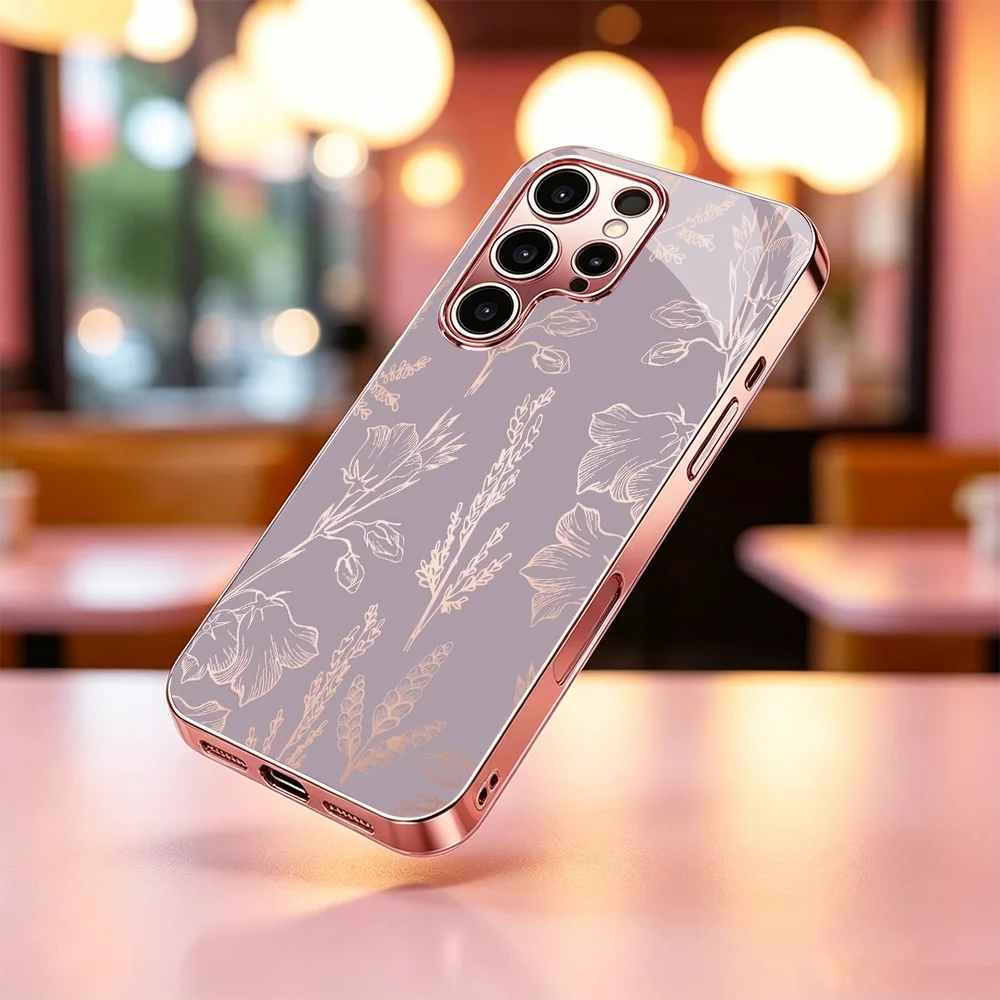 Stylish Rose Gold Floral Graphic s26 ultra case s25 ultra case Glass phone case for Samsung Galaxy S26 25 24 23 22 FE Ultra Plus