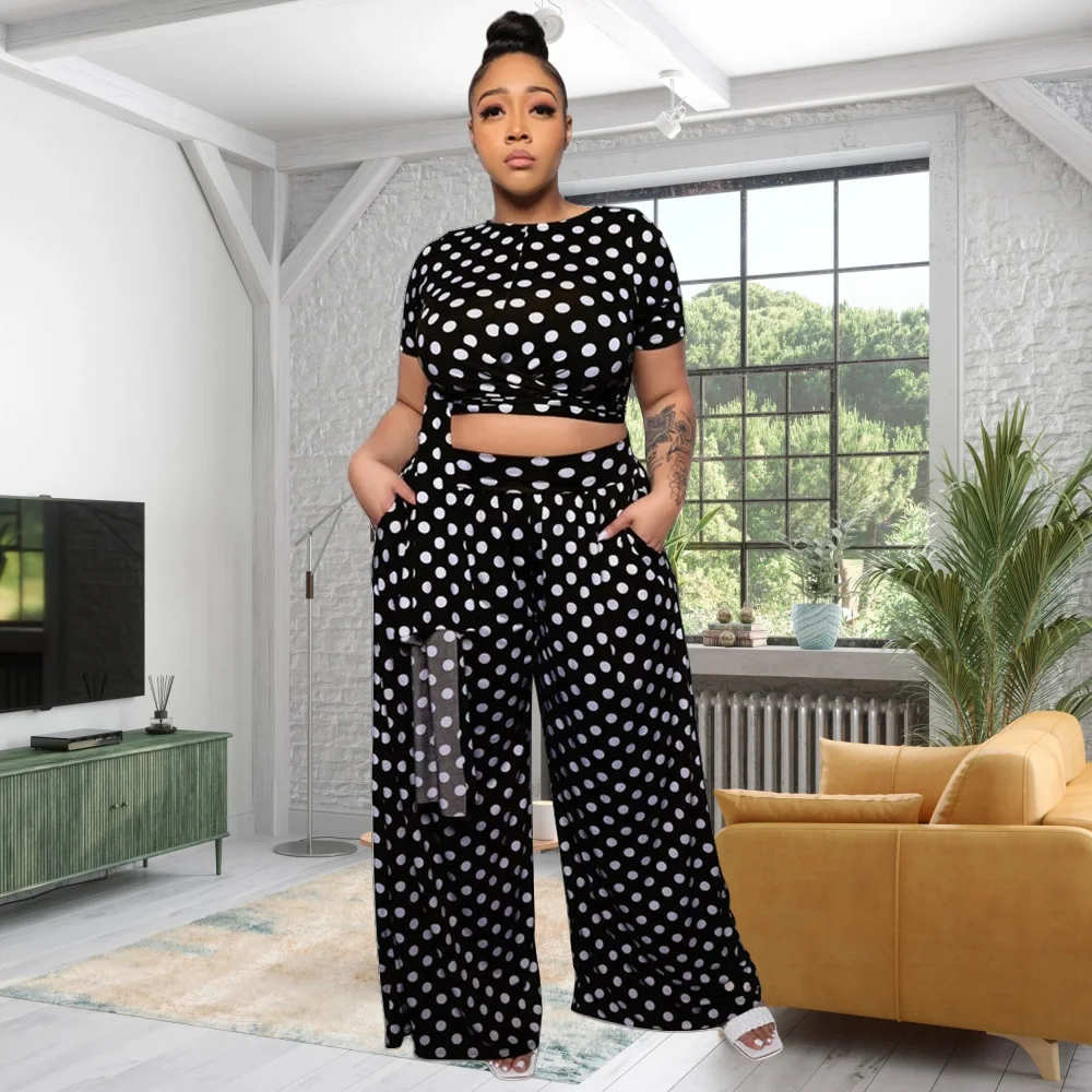 XL-4XL Plus Size Pant Suits Fashion Women Clothing 2024 African Summer Dot Short Sleeve Casual Two Piece Sets Dropshipping