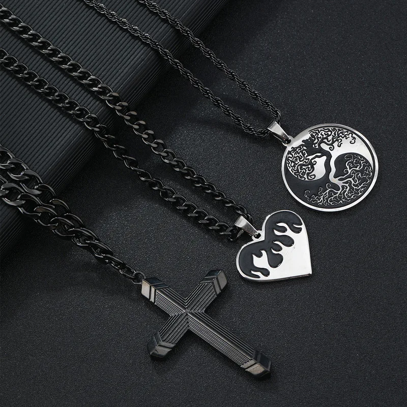 Black Stainless Steel Mens Necklace Set Tree Of Life Heart Flame Cross Pendant Gothic Male Neck Jewelry