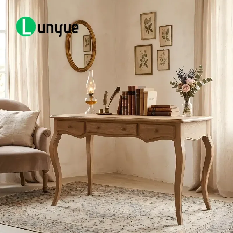 Custom Solid Wood French Antique Executive Office Desk Hand Carved Curved Legs 150x75x78cm Durable Home Business Furniture
