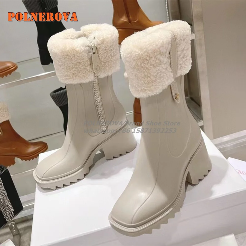 Fur Side Zipper Warm Winter Boots Square Toe Block Heel Patchwork Brown Retro Mid-Calf Boot Lamb Wool Soft Nifty Knight Boots