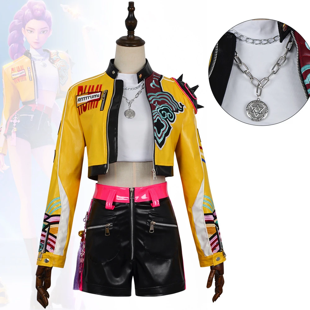 

K-Pop Rumi Cosplay Anime Movie Demon Hunters PU Uniform Halloween Costumes Women's Jacket T-shirt Shorts Accessories Set HUNTR/X