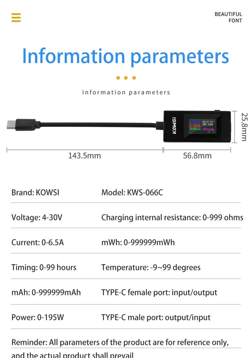 Typ-C Tester 4-30V 6,5A Spannungs- und Strommessgerät Farbbildschirm Zwei-Wege-Test Amperemeter Anzeige Powerbank-Ladegerät-Detektor – Detail 17