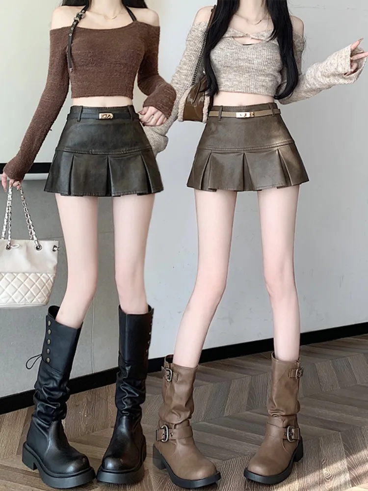 Retro Spódnica z Ekoskóry PU z Wysokim Stanem w Kształcie Litery A Damska Jesienno-Zimowa Spódnica Sexy Girl Antyprześwitująca Spódnica Ołówkowa Ci Walk