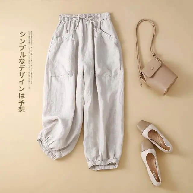 Summer 2024 New Casual Fashion Solid Linen Loose Pocket Wide Leg Radish Pants Women Ankle-length Trousers Female Elastic Z359