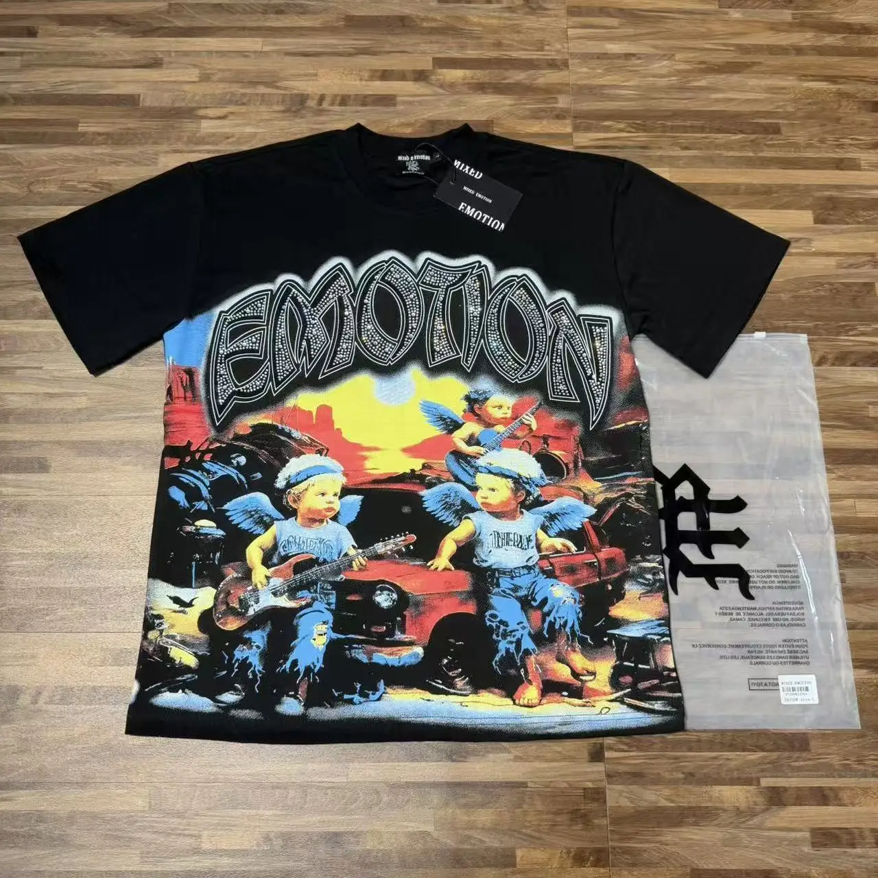 Mixed Emotion Rock Angel Print T-Shirt Loose Fit Pure Cotton Short Sleeve with Rhinestones Street Style Citywalk Casual Tee
