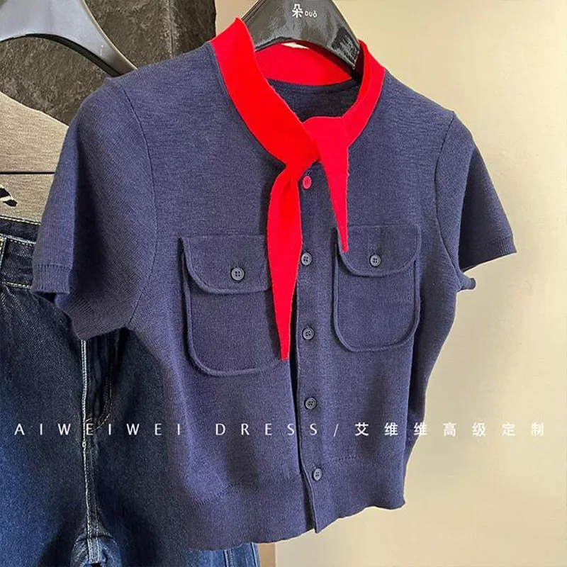 

Women Vintage Contrast Bow Tie Slim Short Sleeve Knitted T-shirt Summer New Fashion Commute Single Breasted Tops