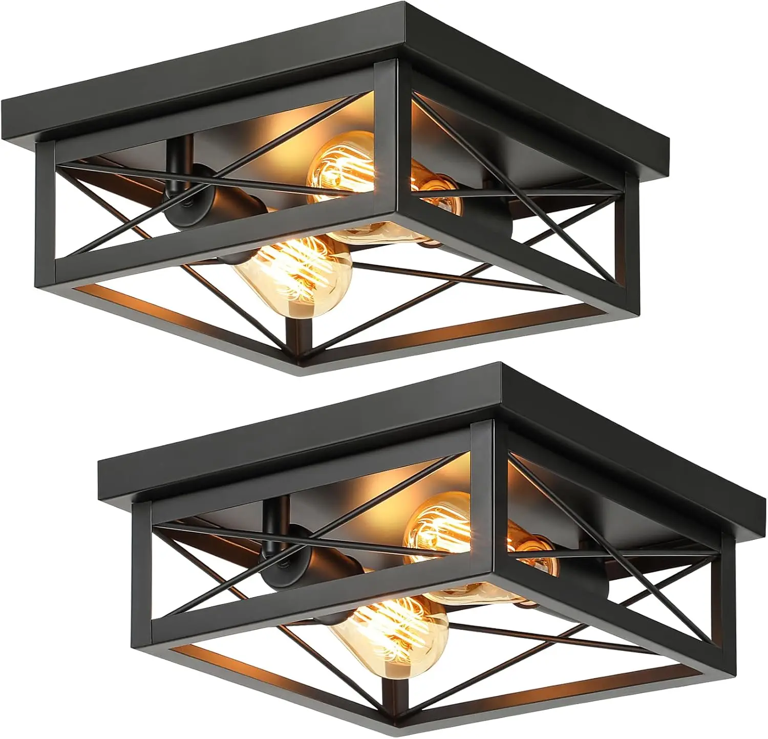 2-Light Industrial Square Flush Mount Ceiling Light, Farmhouse Ceiling Light Fixture For Kitchen, Modern Black Close To Ceiling