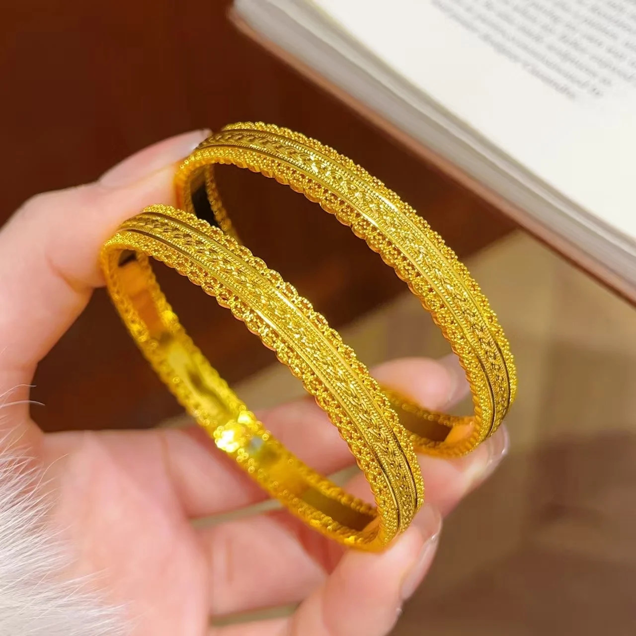 

Luxury 100% Real 24K Gold Hollow Wealth Bangle, Closed Filigree Woven Bracelet, Exquisite Gift For Girlfriend