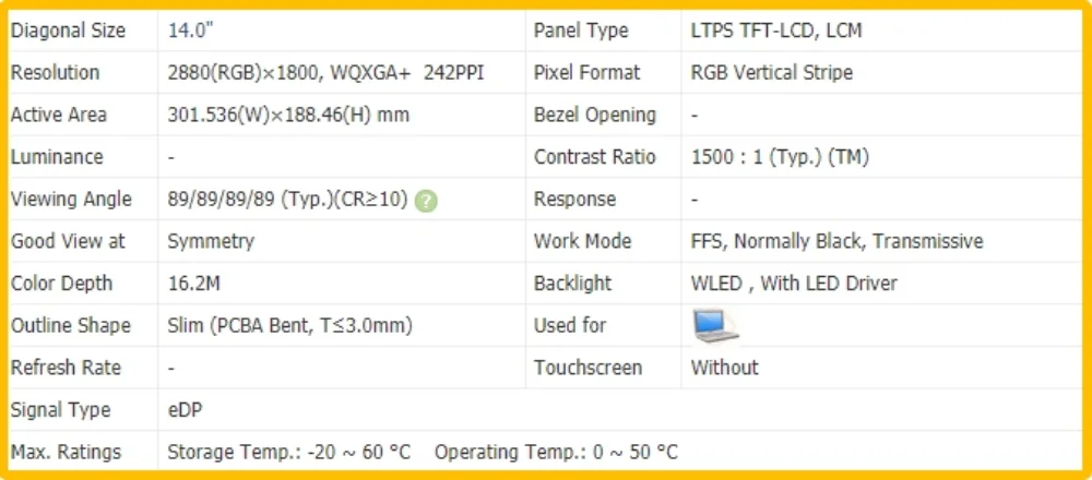 MNE007ZA1-4 QHD 2880x1800 14.0 inch Laptop Display LCD Screen IPS No-touch Panel