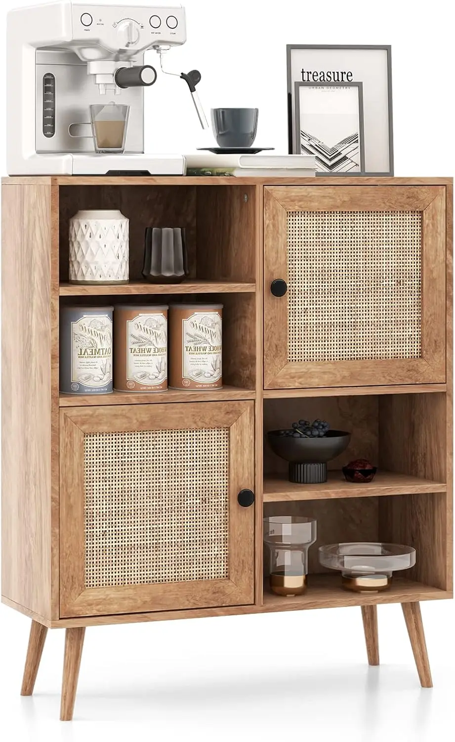 2-Door Rattan Storage Cabinet Anti-toppling Wooden Buffet Sideboard 4 Open Compartments Freestanding Display Organiser Cupboard