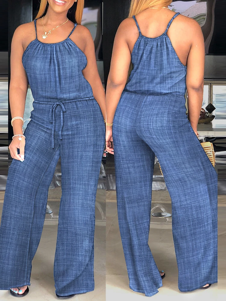 Spaghetti Strap Jumpsuit Women Rompers Summer Drawstring Casual One Piece Wide Leg Pants Jumpsuit Lady Overalls 2024 Clothing