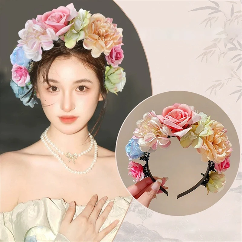 Colorful Floral Garland Sweet Hair Hoop Hair Ornaments Children Flower Headband Simulation Flower Headwear Bridal Crown Wedding