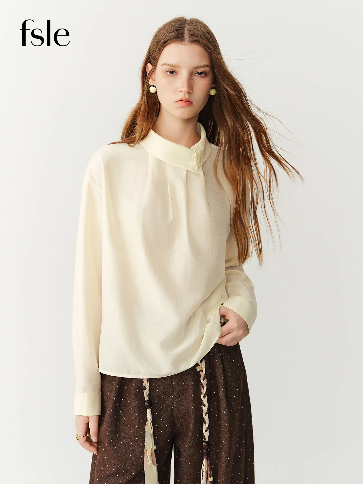FSLE 2026 Winter Women French-Inspired Stand Collar Long Sleeve Lyocell Acetate Blend Blouse Asymmetric Draped Detail - Elegant
