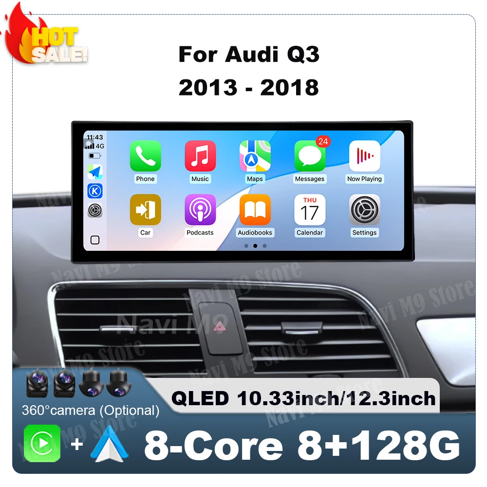 

Android 14 For Audi Q3 2013 - 2018 Car Multimedia Stereo Navigatio GPS WIFI Wireless CarPlay Radio Player Bluetooth QLED Screen