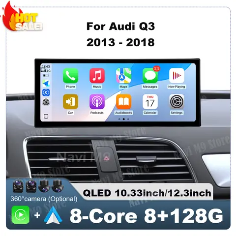 안드로이드 14 아우디 Q3 2013 - 2018 차량용 멀티미디어 스테레오 네비게이션 GPS WIFI 무선 CarPlay 라디오 플레이어 블루투스 QLED 스크린