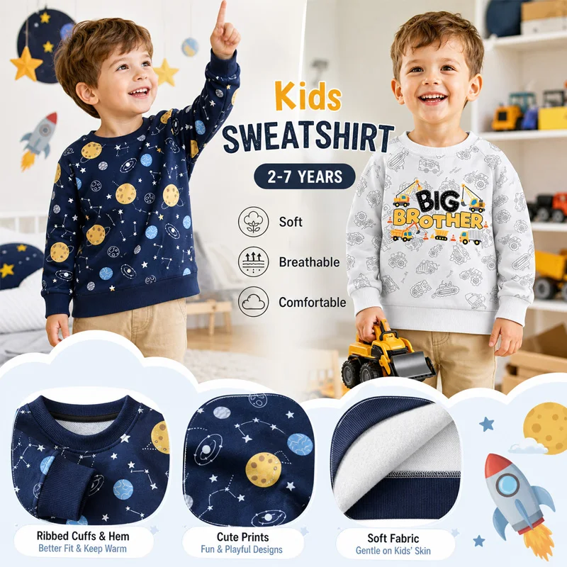Little Hand Boys Fashion Long Sleeve Sweatshirt Toddler Cartoon  Vehicle Space Galaxy Print Pullover Kids Daily ClothingTops 2-7