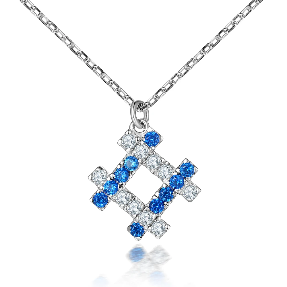 

Custom Blue Cubic Zircon (CZ) Diamond Pendant Necklace with Link Chain Rhodium Plated Stylish Trendy for Wedding Engagement Gift