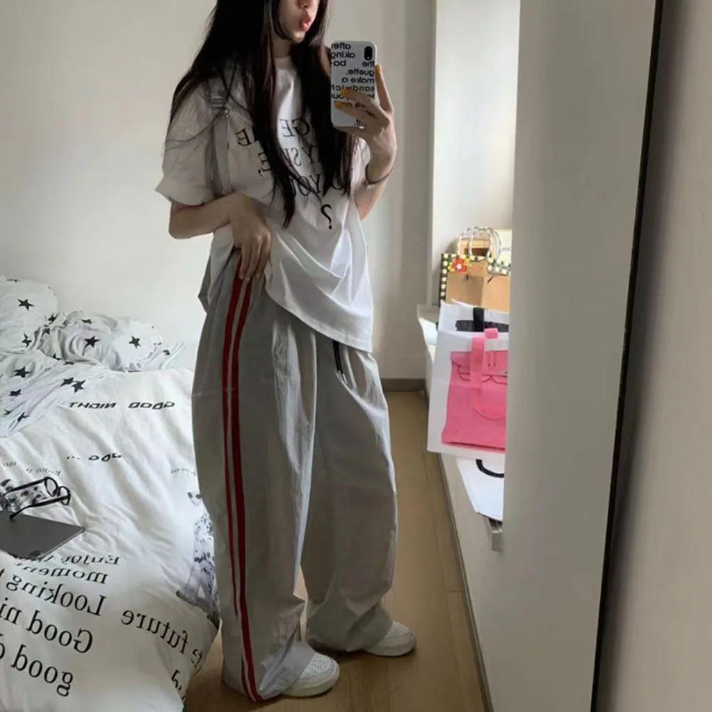 ：Y2K Streetwear Unisex Summer Quick Dry Wide Leg Trousers Side Striped Drawstring Loose Jogger Sport Casual Long Pants