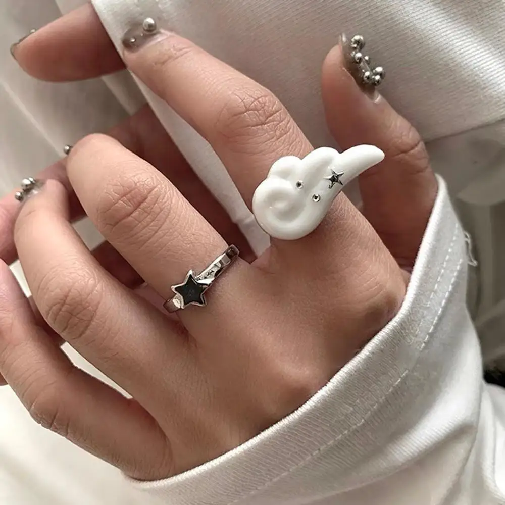 Conjunto de alas de estrella Y2K, alas de Ángel coreanas, diseño de estrella de cinco puntas, anillo abierto para mujeres y hombres, anillo gótico Punk, anillos ajustables
