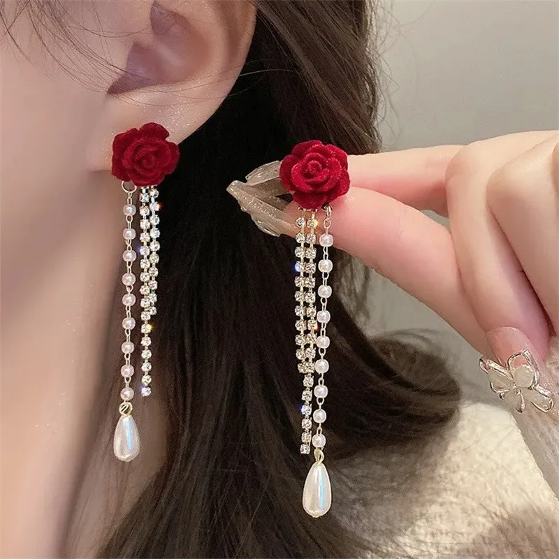 Pendientes de Plata 925 con Flores Rojas y Perlas, con Borlas, para Mujer, Joyería de Lujo, Tendencia 2026, Largos, para Vestido de Novia