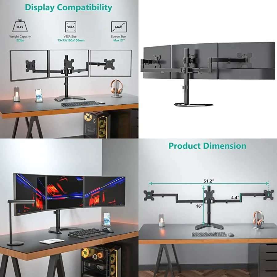 Triple Monitor Stand, Free Standing Three LCD Monitor Fully Adjustable Desk Mount Fits 3 Screens up to 27 inch, 22 lbs Weight Capacity per A