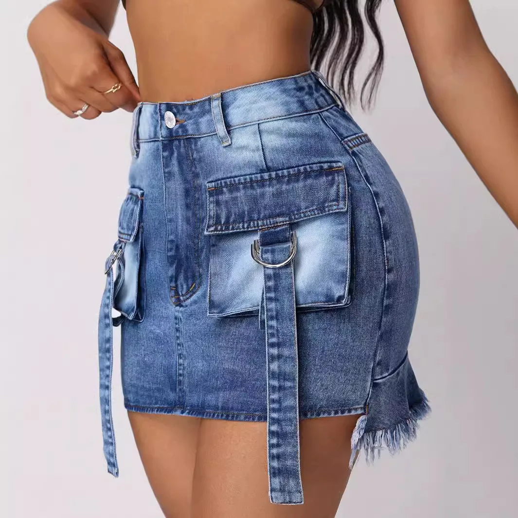 Mini Skirts Sheath Washed Solid Women Denim Wrap Buttocks Pencil Skirt Slim Fit High Street Bleached Spliced Zipper Fly