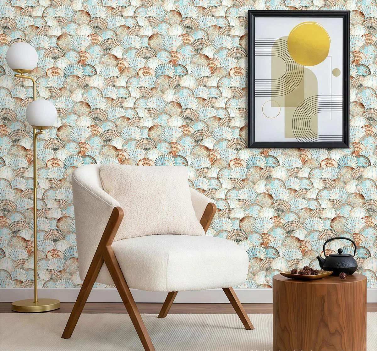 Boho Watercolor Seashell Peel and Stick Vintage Scallop Shell Wallpaper Self Adhesive Removable Wall Decor Sticker for Home