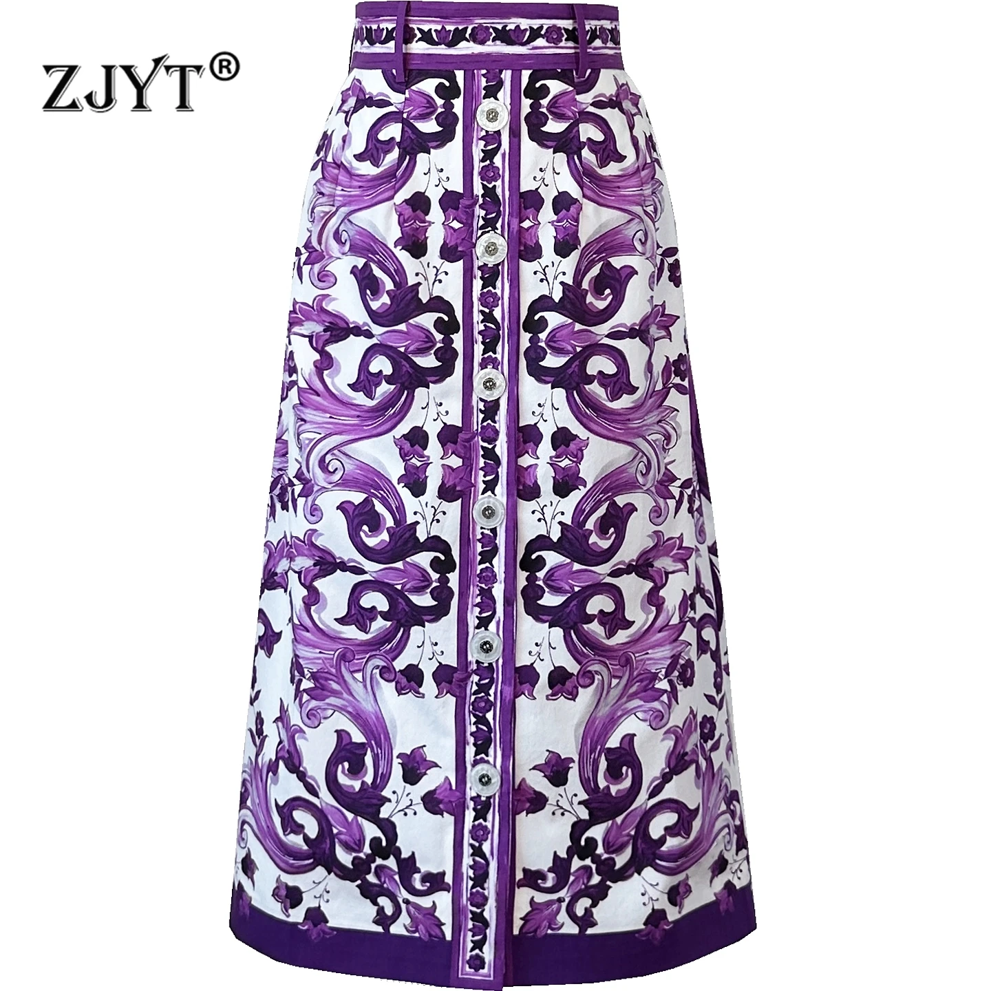

ZJYT Summer Fashion 100% Cotton Women's Purple Print Midi Skirts 2025 Runway High Waist Vintage Holiday Beach Aline Skirt Faldas