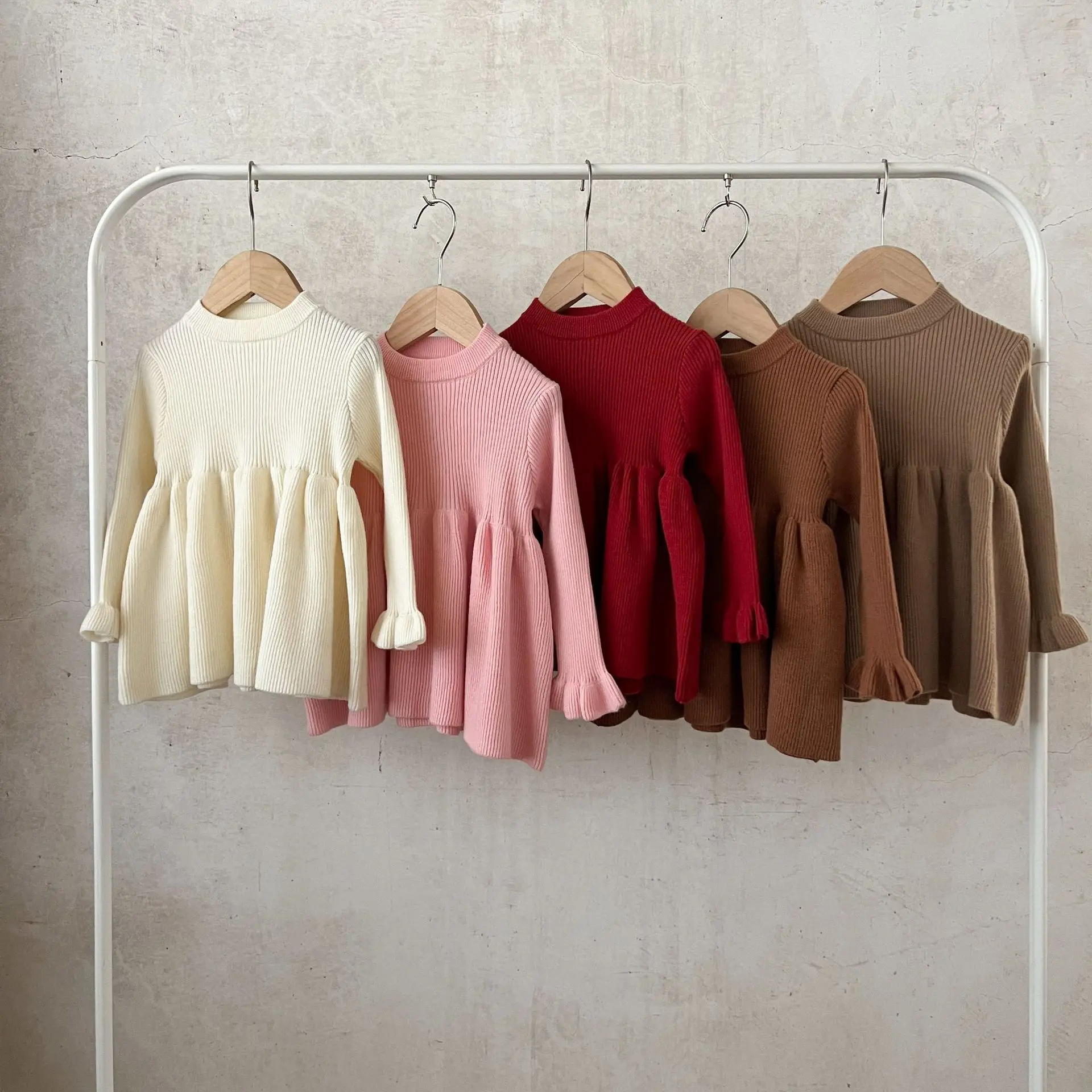 

Autumn Infant Baby Girl Dress Cotton Solid Long Sleeve Newborn Girls Princess Dress Flare Cuff Knitted Ruched Toddler Girl Dress