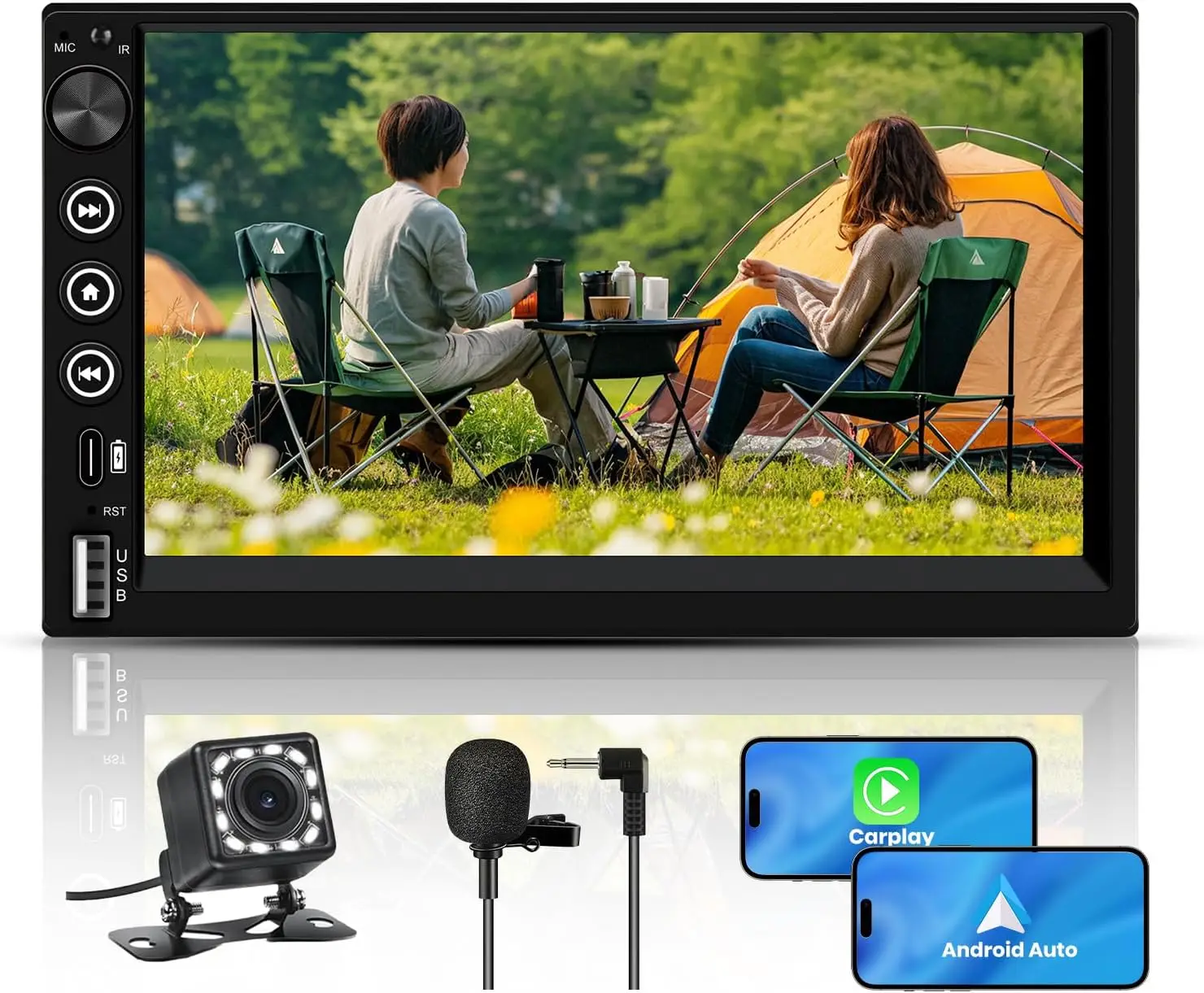 

7 Inch Double Din Car Stereo with Wireless CarPlay & Android Auto, IPS Touchscreen, Bluetooth, Backup Camera, USB-C Charging