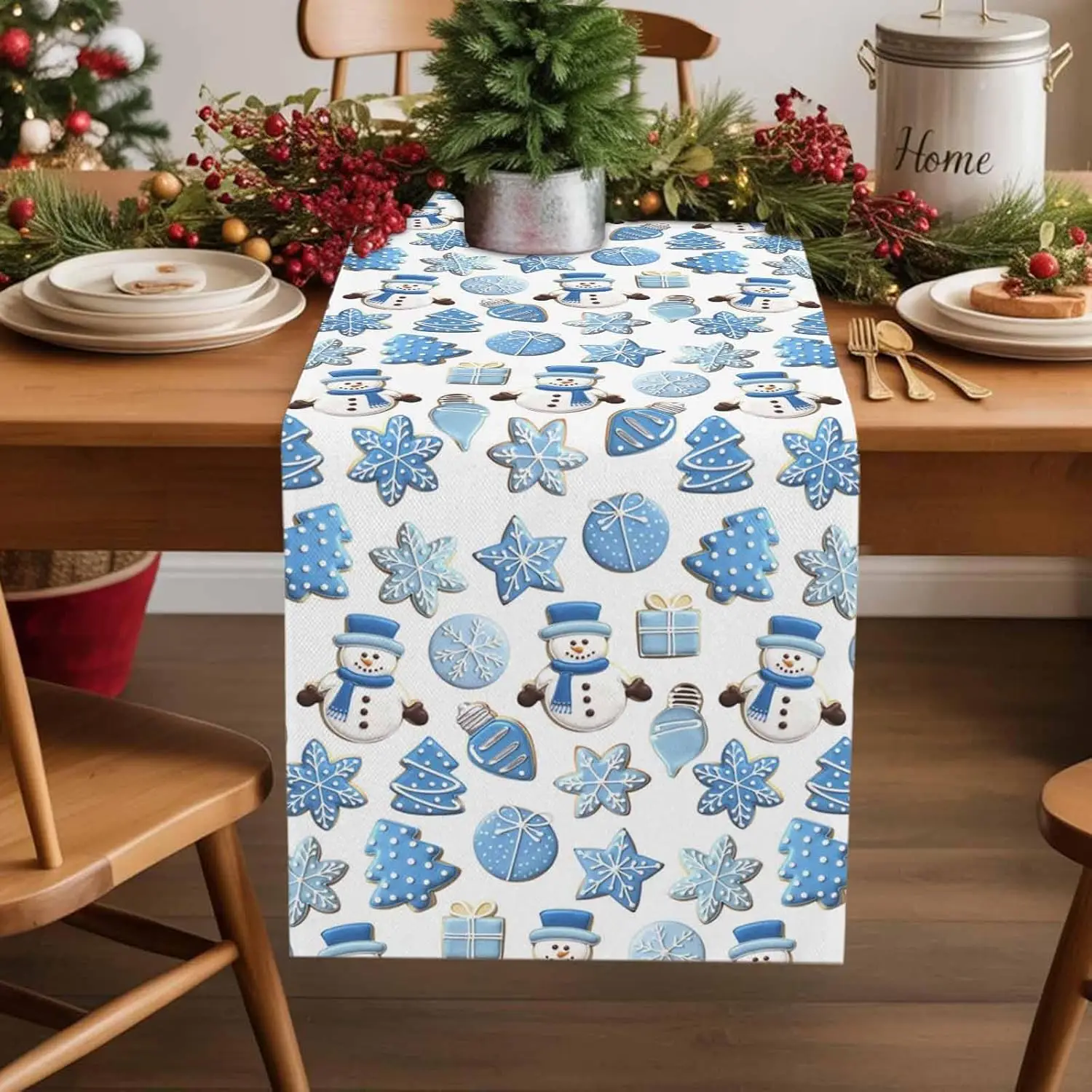 

Christmas Snowman Snowflake Tree Linen Table Runner Party Decor Winter Xmas Kitchen Dining Table Runner Christmas Decorations