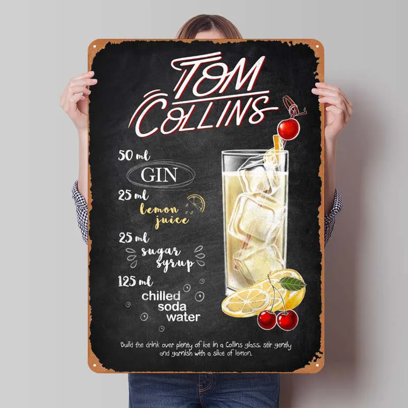 Tom Collins Metal Poster Wall Art Decor for Room Decoration Retro Metal Tin Sign for Bar Restaurant Home Kitchen Wall Decoration