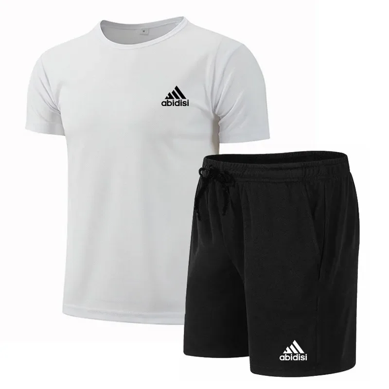 New 2025 Summer men's breathable T-shirt + quick-drying shorts 2-piece outdoor men's short-sleeved pullover sports casual suit